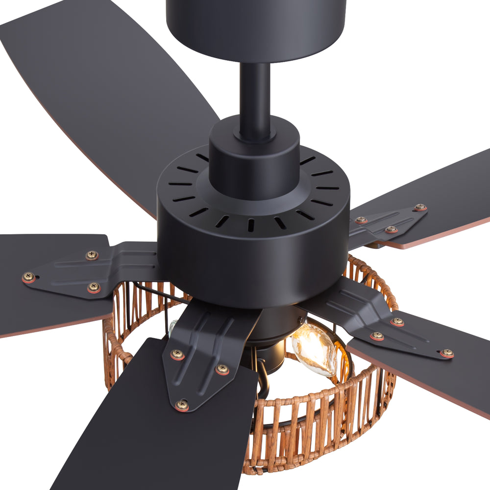 52-inch Farmhouse Ceiling Fan with Light, 5 Dual-Finish Reversible Plywood Blades, Quiet Energy-Saving DC Motor, E12 Bulb Base, 6-Speed Remote Control with Timer, Forward/Reverse Rotation, and 6" Downrod Included