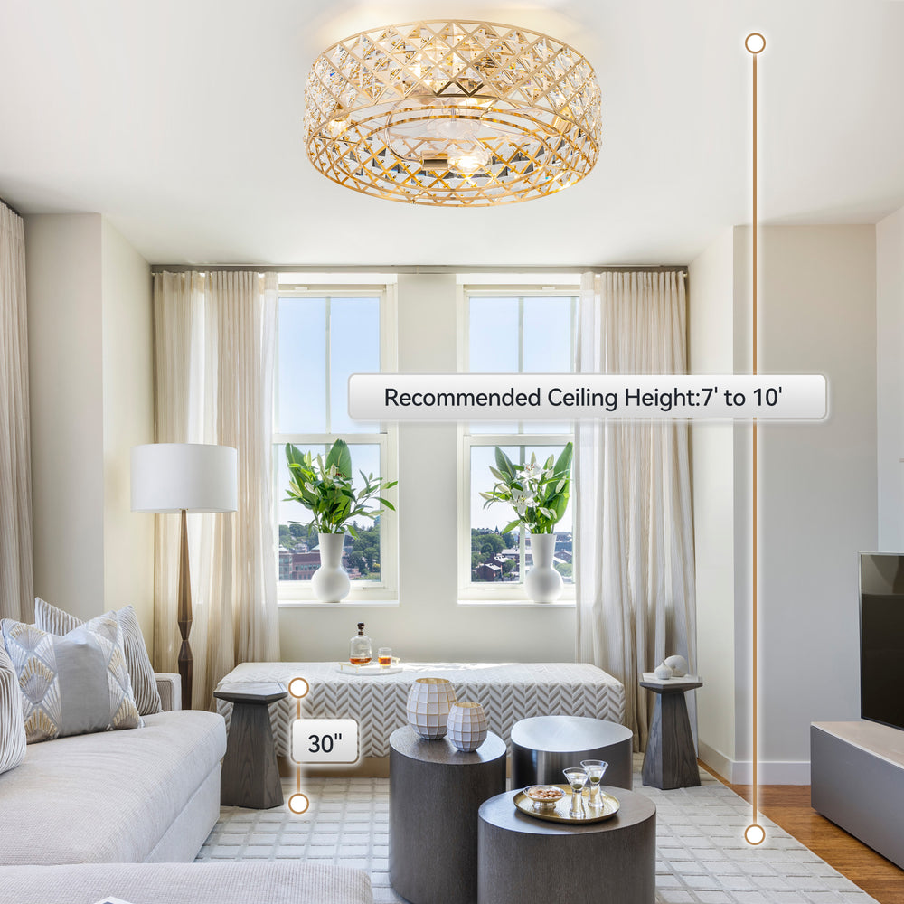 19-inch Small Caged Ceiling Fans with Lights and Remote, Low Profile Flush Mount Ceiling Fan, Modern Bladeless Enclosed Ceiling Fan with Light for Bedroom, 7 Reversible Transparent Blades