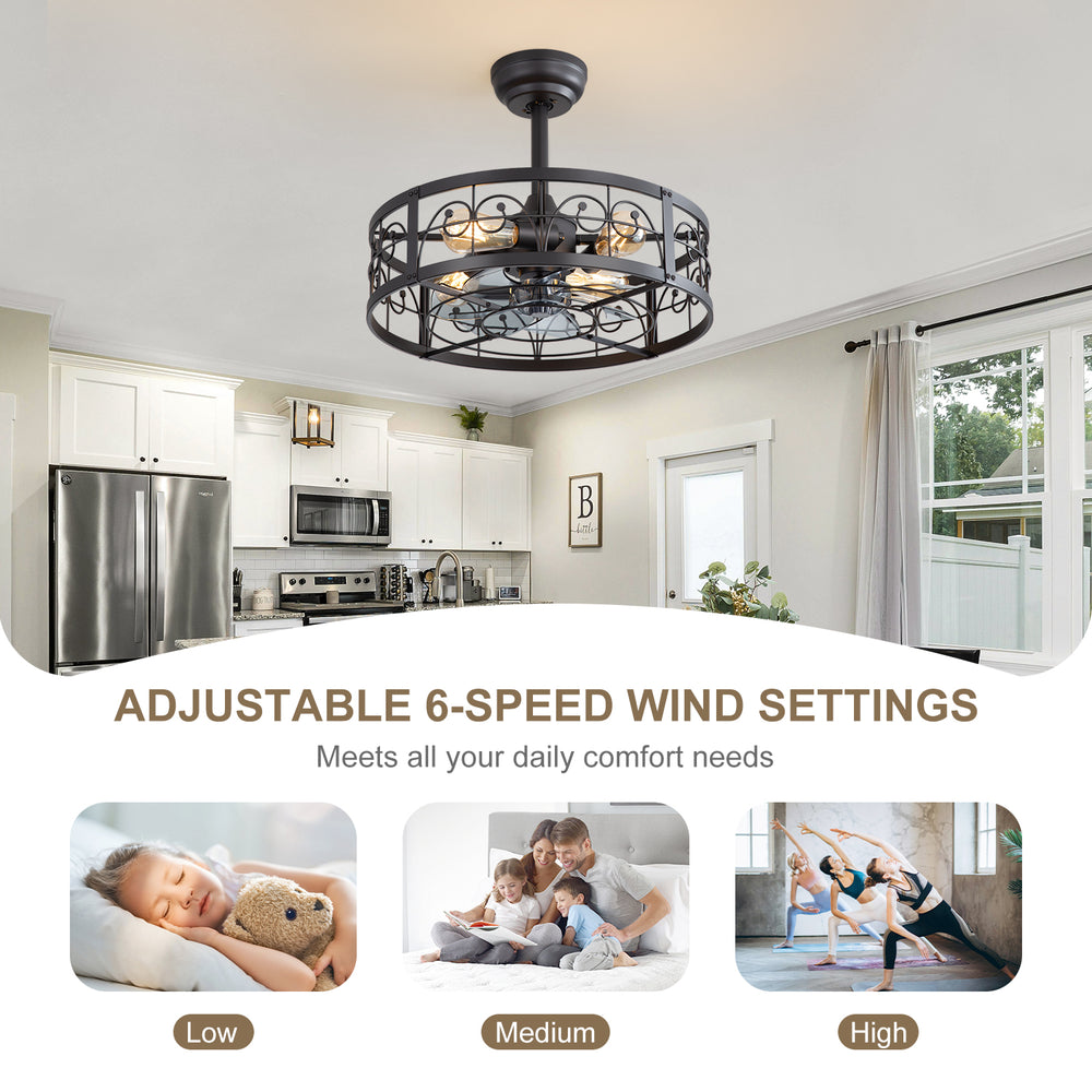 20-inch Matte Black Metal Caged Ceiling Fan with Light and Remote,7 ABS Blades,4in and 8in Downrod Included