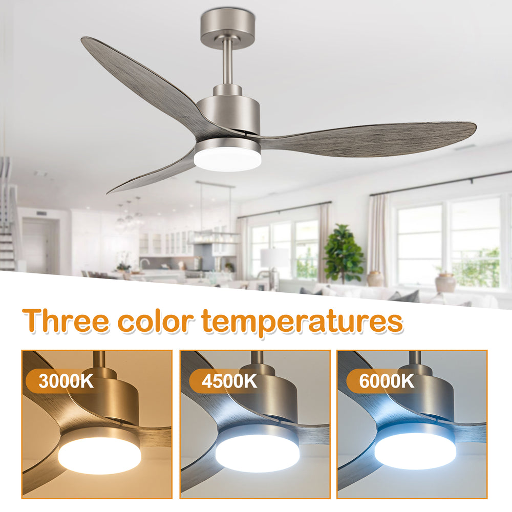 52-Inch Modern Ceiling Fan with Light, 3 ABS Blades, 18W LED with 3 Color Temperatures, Remote Control with 6 Speeds, Reverse Function, Timer, Quiet DC Motor, Includes 5" & 10" Downrods, Ideal for Dining, Bedroom, and Living Room