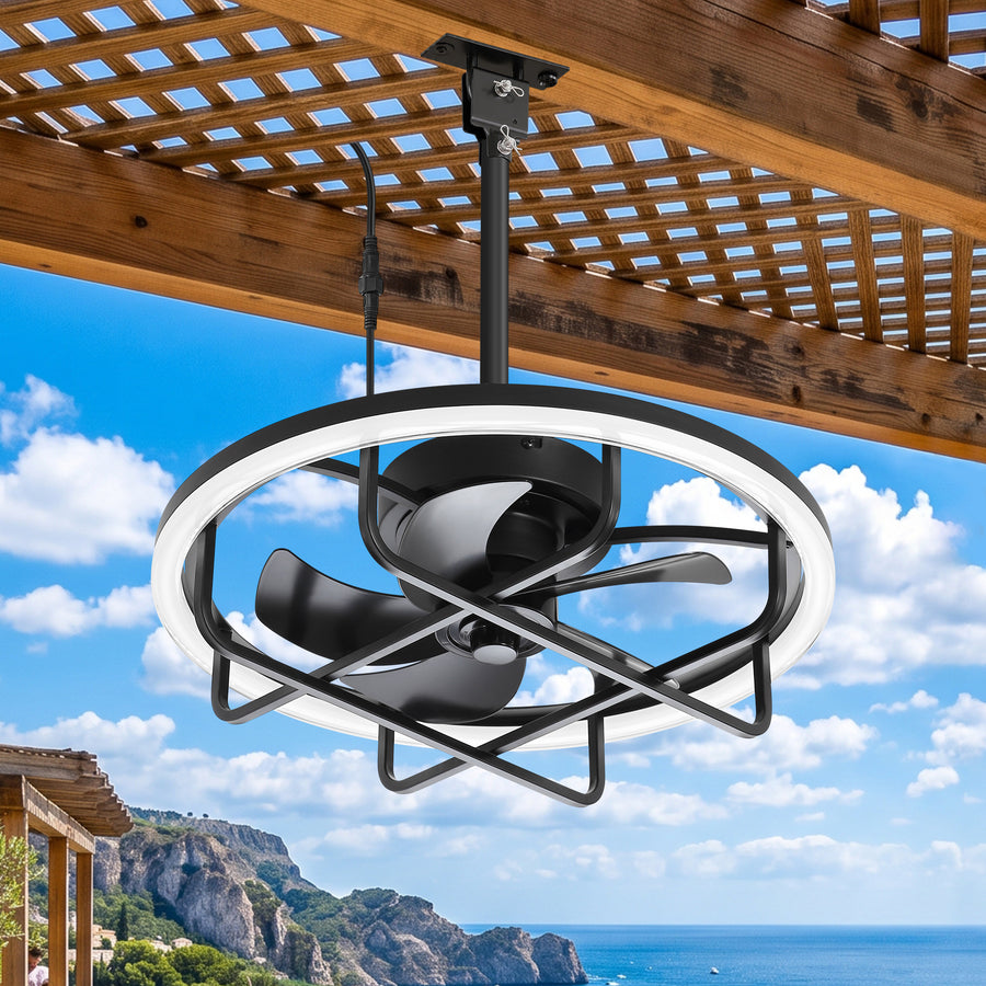 20" Outdoor Ceiling Fan with RGB LED Light, Modern Black Caged Design, Quiet Reversible DC Motor, 6 Speeds, Dimmable, Remote, Timer, Memory