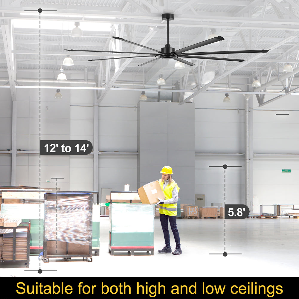 120 Inch Large Industrial Ceiling Fan with 8 Aluminum Blades No Light, Quiet Reversible DC Motor, 6 Speeds, Remote Control, Black, Warehouse Garage Commercial Ceiling Fan