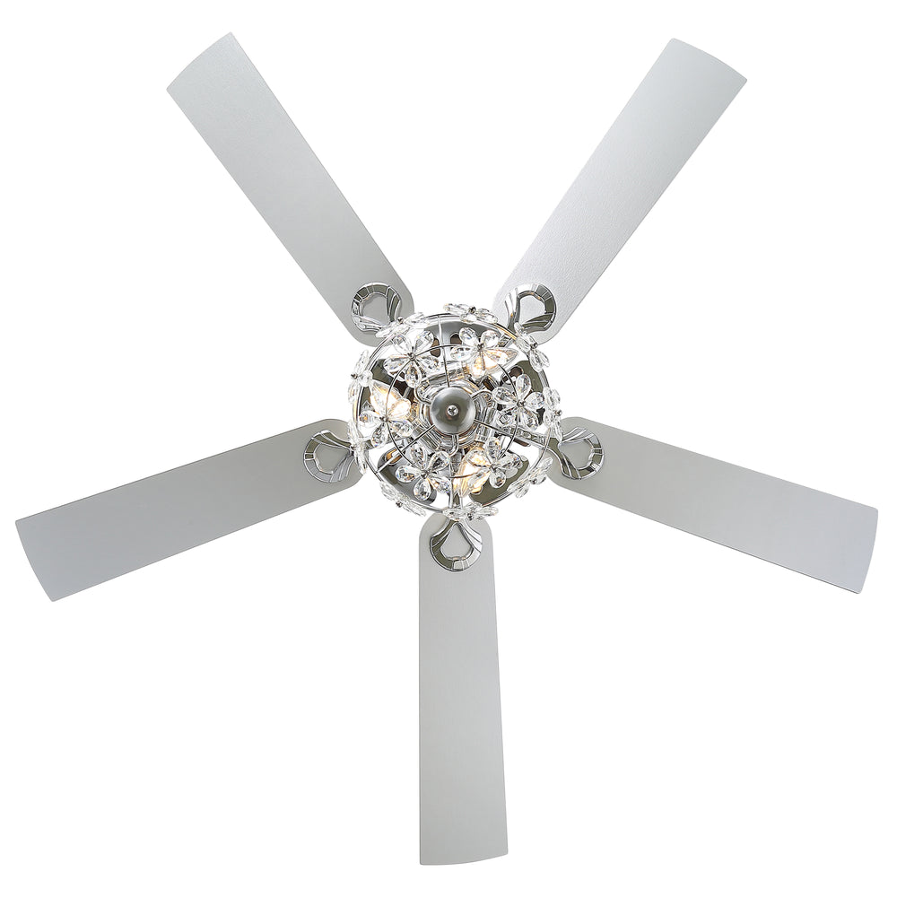 52-Inch Chrome Ceiling Fan with Light, Reversible DC Motor, 6 Speeds Remote Control, 5 Blades, E12 Bulb Base, Downrod Mount