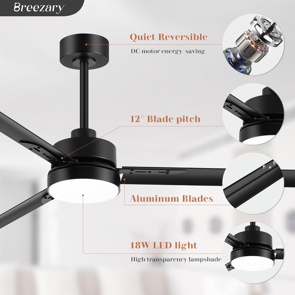 72-inch Black Ceiling Fans with Lights Remote Control,  Industrial Large Ceiling Fan, 3 Reversible Blades, 6-Speed, Quiet DC Motor, LED Ceiling Light Chandelier for Indoor/Outdoor Patio Living Room