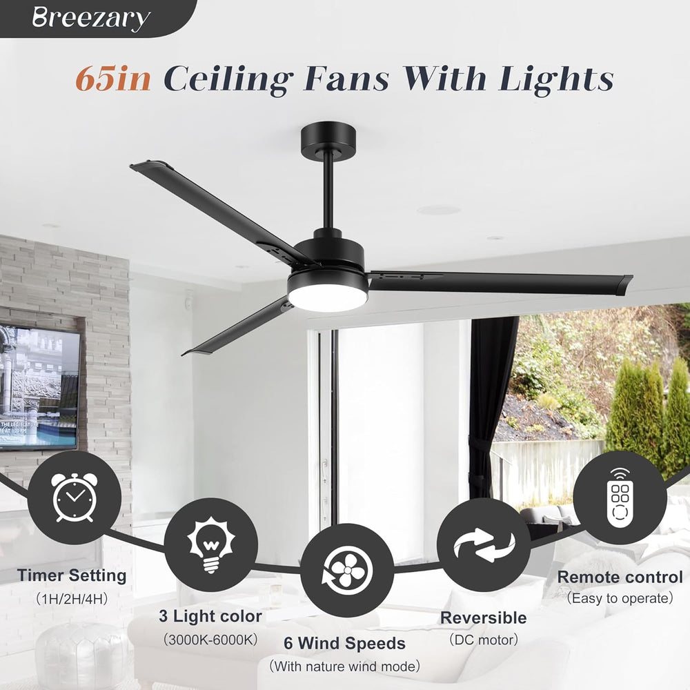 72-inch Black Ceiling Fans with Lights Remote Control,  Industrial Large Ceiling Fan, 3 Reversible Blades, 6-Speed, Quiet DC Motor, LED Ceiling Light Chandelier for Indoor/Outdoor Patio Living Room