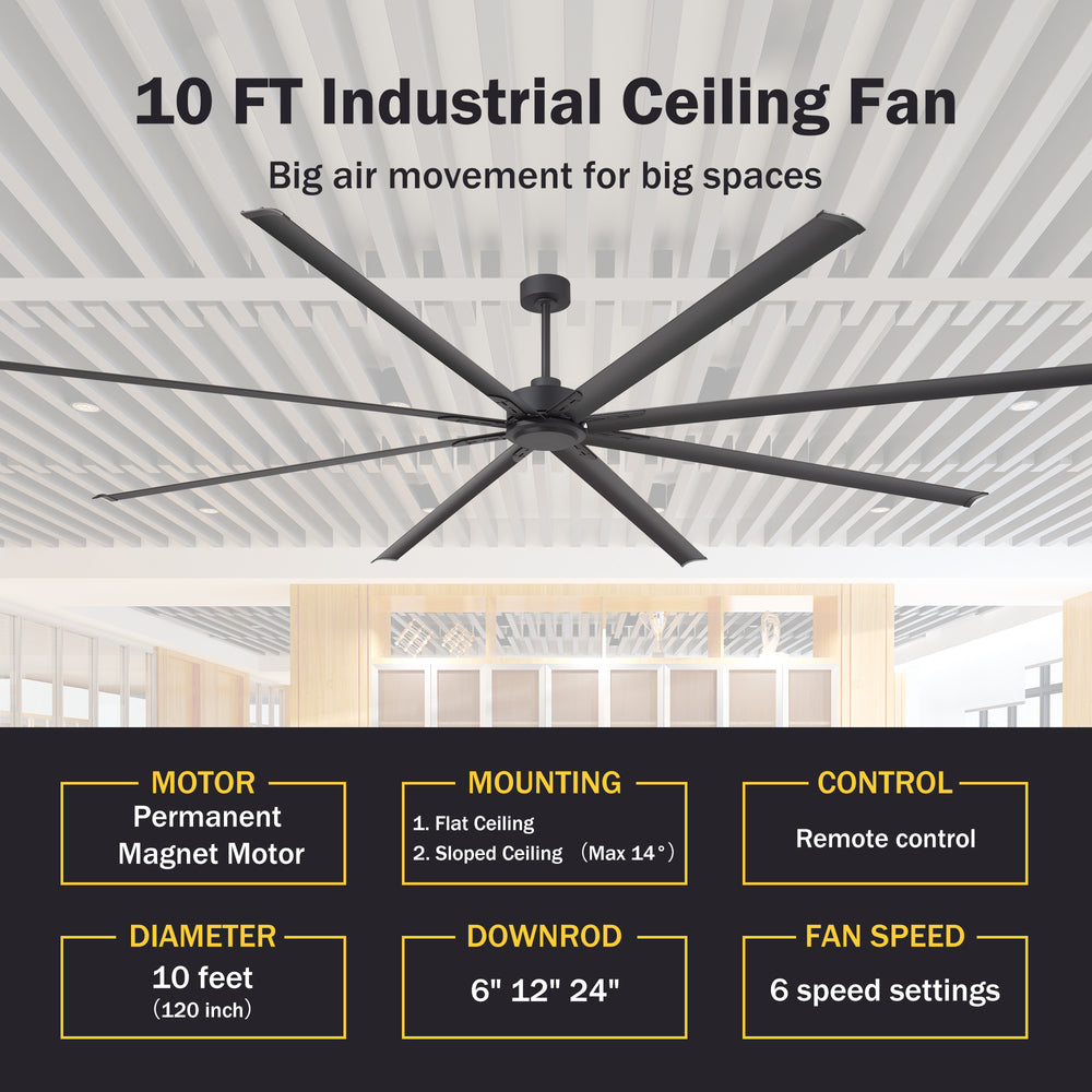 Breezary 120 Inch HVLS Industrial Ceiling Fan with PMSM Motor, 8-Blade Large Ceiling Fan for Warehouse, Gym and Factory - Aluminum No Light