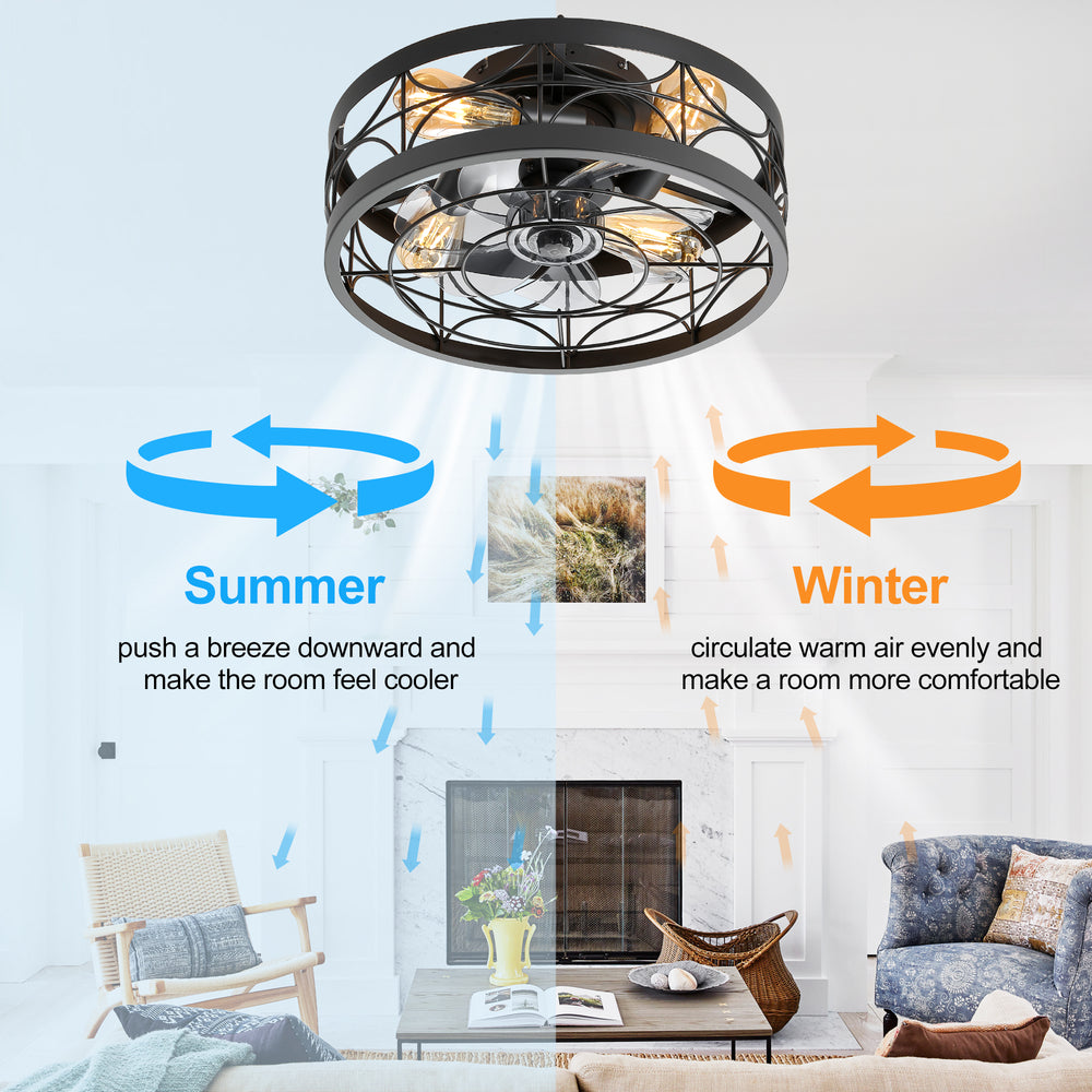 Ravora reversible ceiling fan showing summer and winter airflow directions
