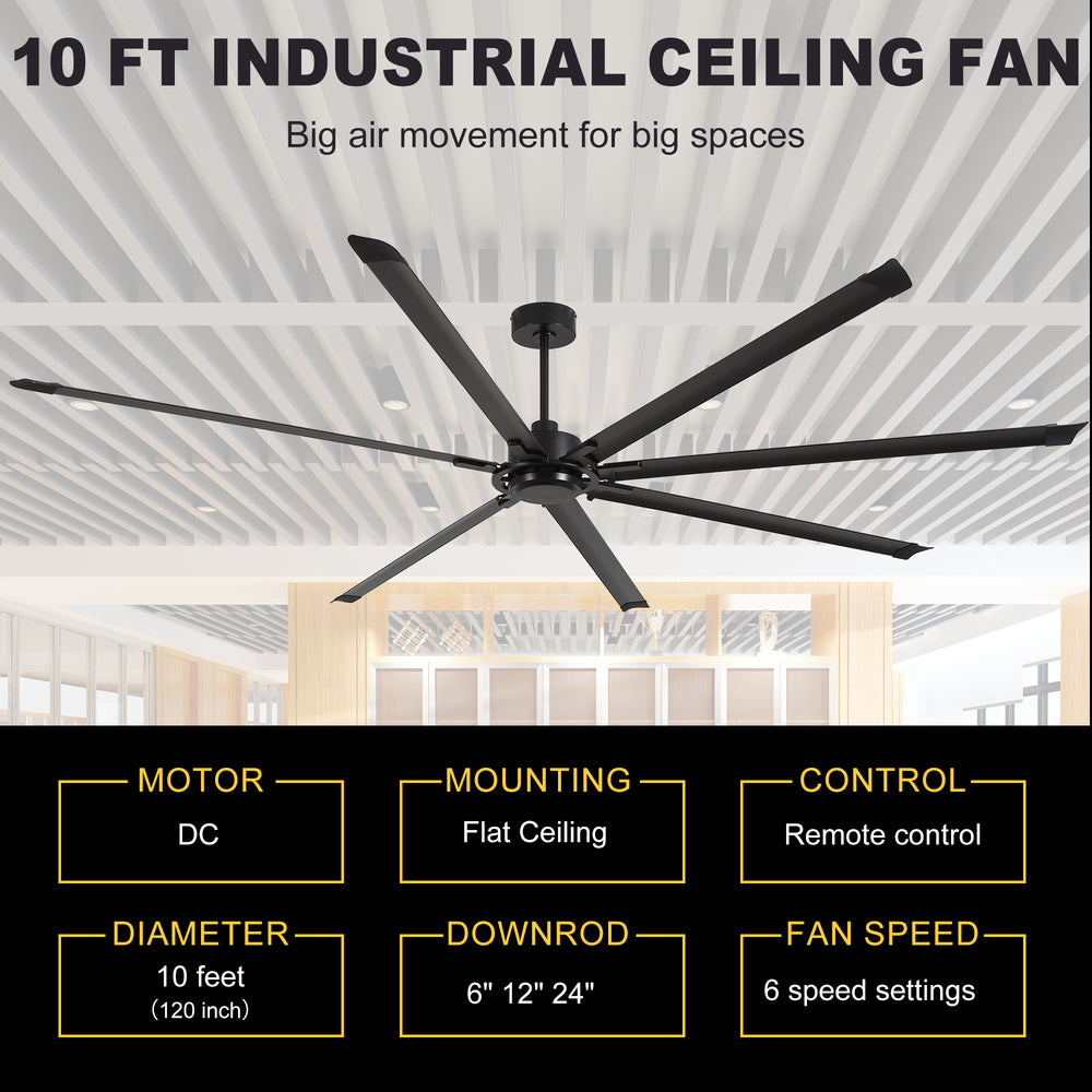 120 Inch Large Industrial Ceiling Fan with 8 Aluminum Blades No Light, Quiet Reversible DC Motor, 6 Speeds, Remote Control, Black, Warehouse Garage Commercial Ceiling Fan