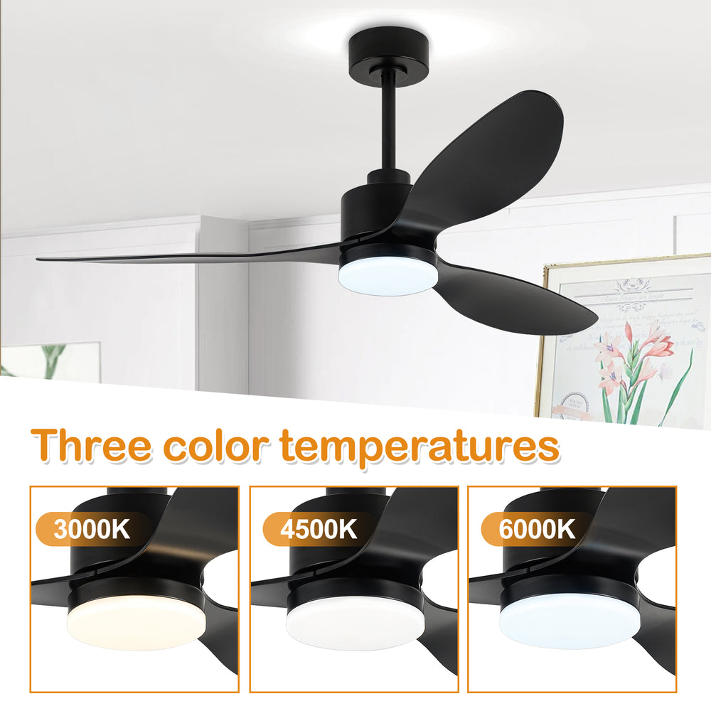 52-Inch Modern Ceiling Fan with Light, 3 ABS Blades, 18W LED with 3 Color Temperatures, Remote Control with 6 Speeds, Reverse Function, Timer, Quiet DC Motor, Includes 5" & 10" Downrods, Ideal for Dining, Bedroom, and Living Room