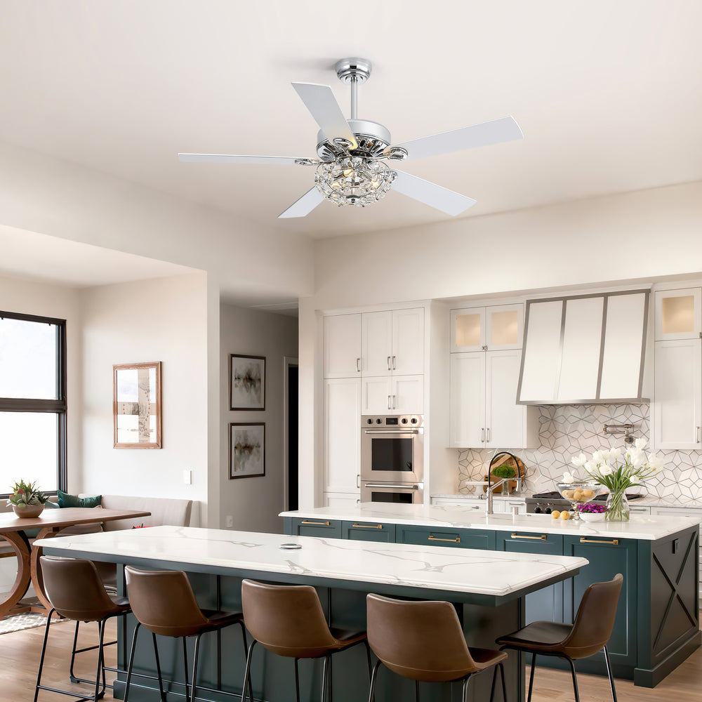 52-Inch Chrome Ceiling Fan with Light, Reversible DC Motor, 6 Speeds Remote Control, 5 Blades, E12 Bulb Base, Downrod Mount