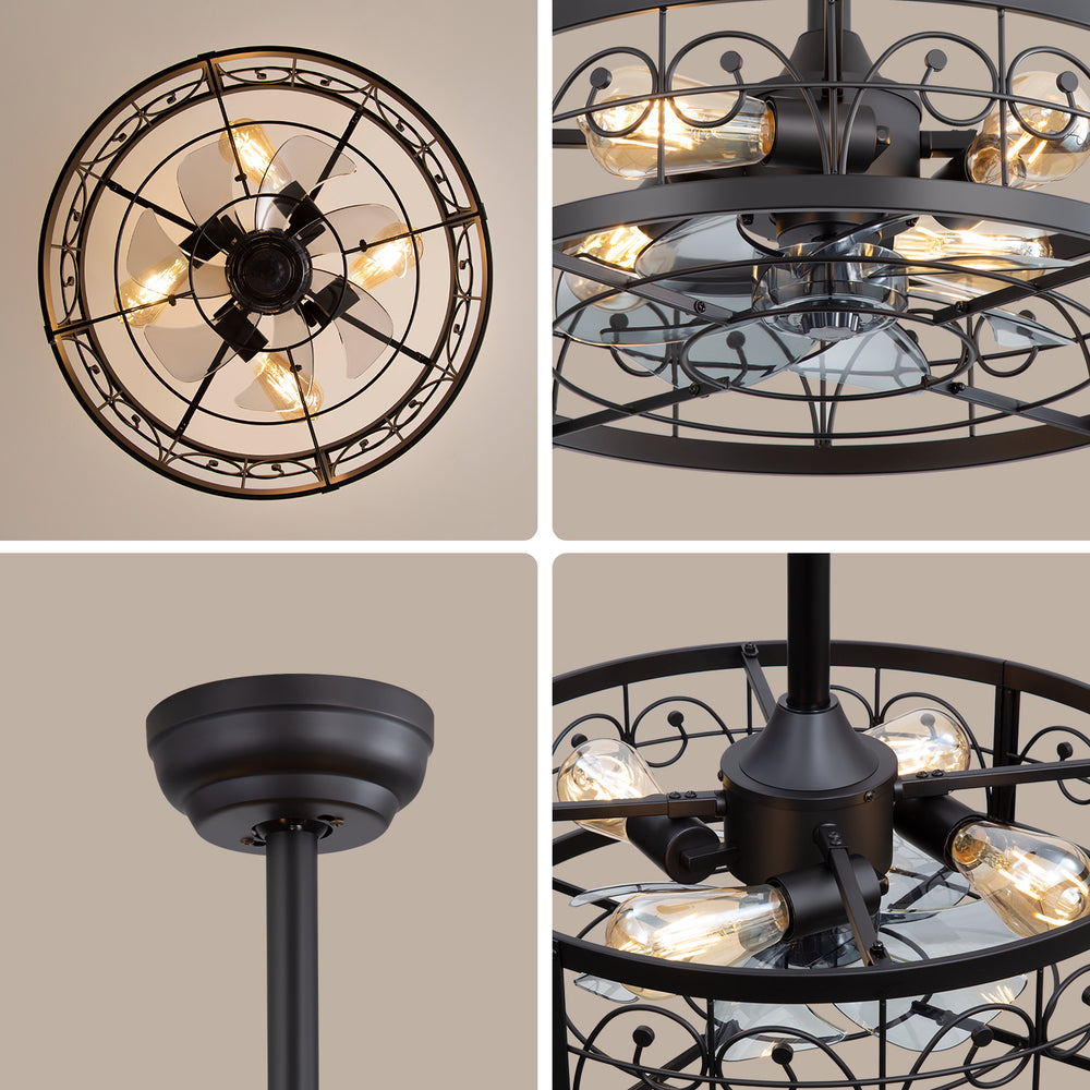 20-inch Matte Black Metal Caged Ceiling Fan with Light and Remote,7 ABS Blades,4in and 8in Downrod Included