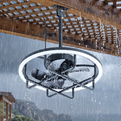 20" Outdoor Ceiling Fan with RGB LED Light, Modern Black Caged Design, Quiet Reversible DC Motor, 6 Speeds, Dimmable, Remote, Timer, Memory