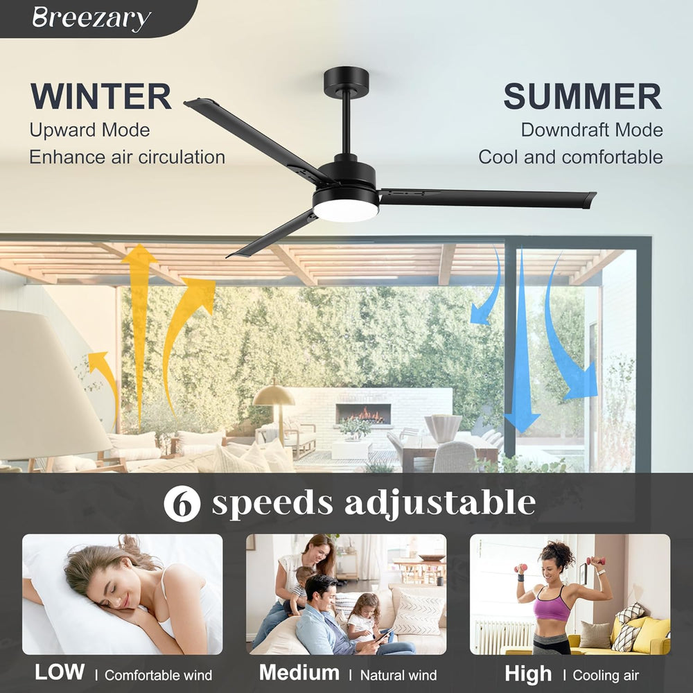 72-inch Black Ceiling Fans with Lights Remote Control,  Industrial Large Ceiling Fan, 3 Reversible Blades, 6-Speed, Quiet DC Motor, LED Ceiling Light Chandelier for Indoor/Outdoor Patio Living Room