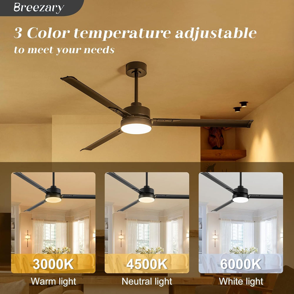 72-inch Black Ceiling Fans with Lights Remote Control,  Industrial Large Ceiling Fan, 3 Reversible Blades, 6-Speed, Quiet DC Motor, LED Ceiling Light Chandelier for Indoor/Outdoor Patio Living Room