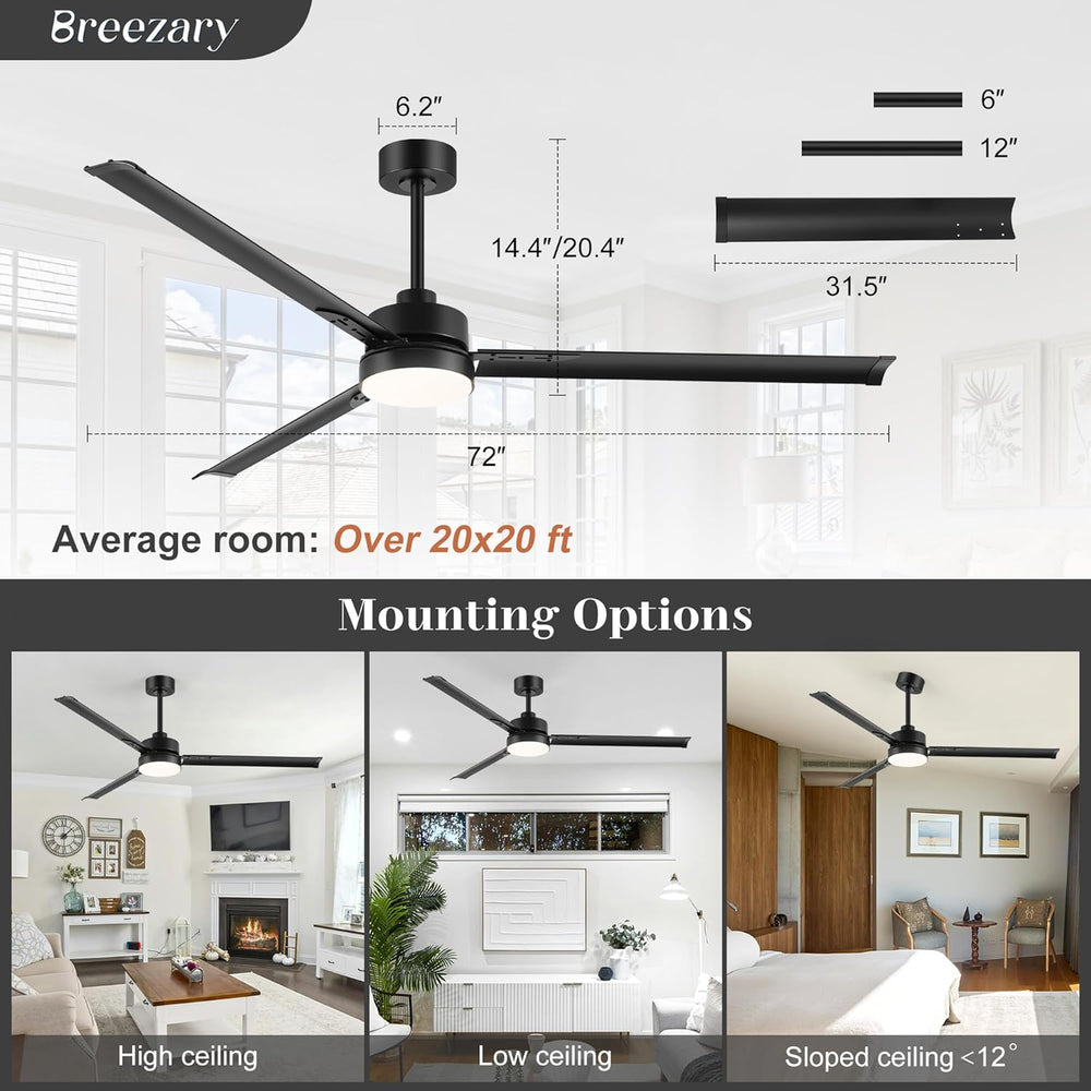 72-inch Black Ceiling Fans with Lights Remote Control,  Industrial Large Ceiling Fan, 3 Reversible Blades, 6-Speed, Quiet DC Motor, LED Ceiling Light Chandelier for Indoor/Outdoor Patio Living Room