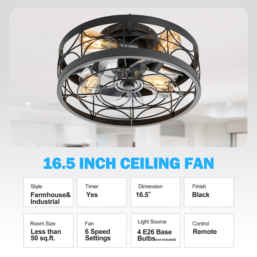 16.5-in Black Low Profile Ceiling Fan with Remote Control(7-blade)