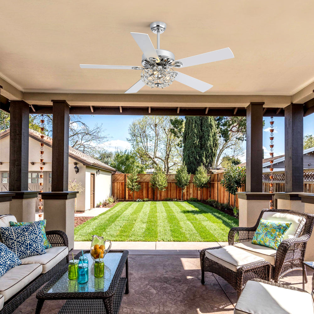 52-Inch Chrome Ceiling Fan with Light, Reversible DC Motor, 6 Speeds Remote Control, 5 Blades, E12 Bulb Base, Downrod Mount