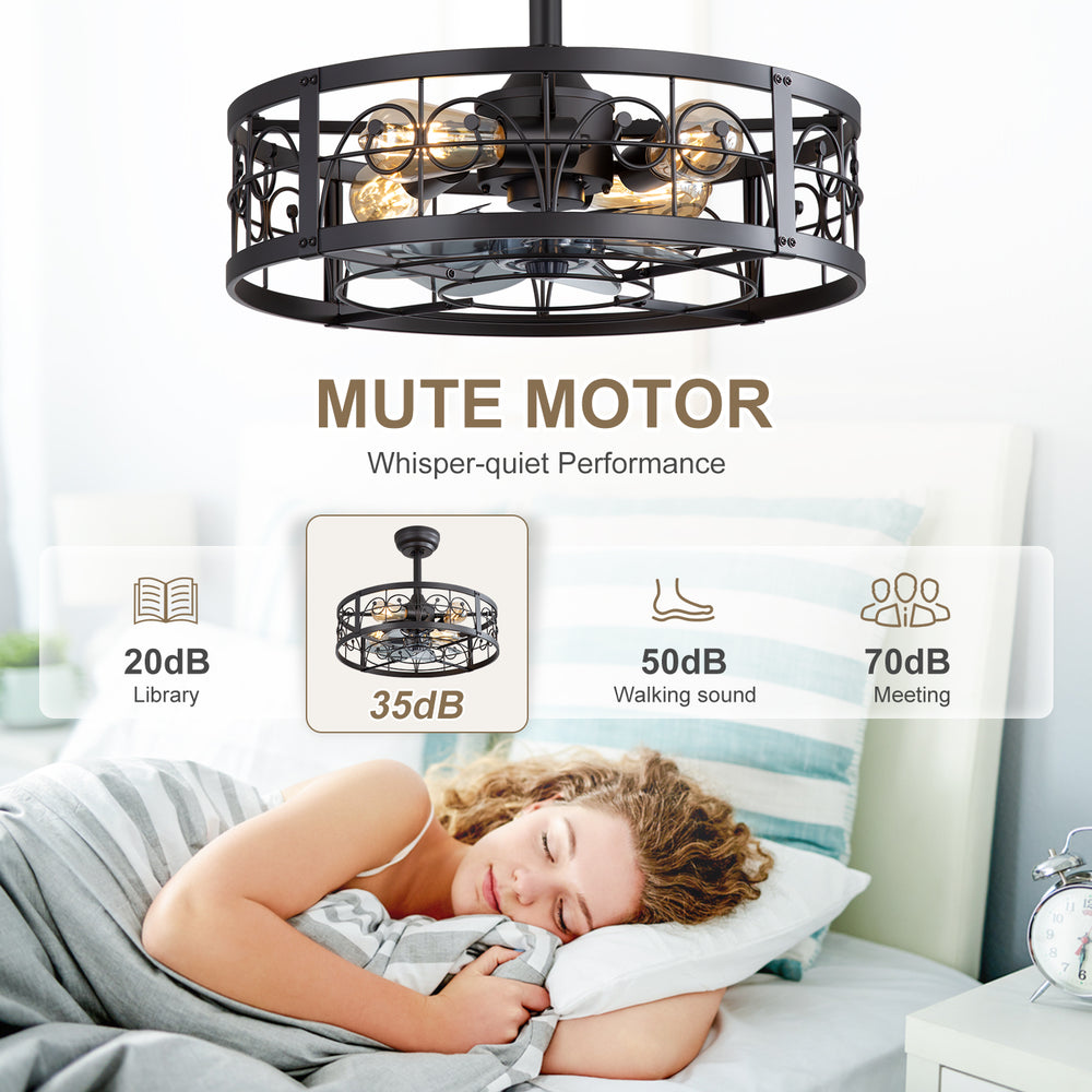 20-inch Matte Black Metal Caged Ceiling Fan with Light and Remote,7 ABS Blades,4in and 8in Downrod Included