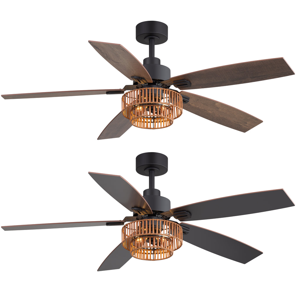 52-inch Farmhouse Ceiling Fan with Light, 5 Dual-Finish Reversible Plywood Blades, Quiet Energy-Saving DC Motor, E12 Bulb Base, 6-Speed Remote Control with Timer, Forward/Reverse Rotation, and 6" Downrod Included