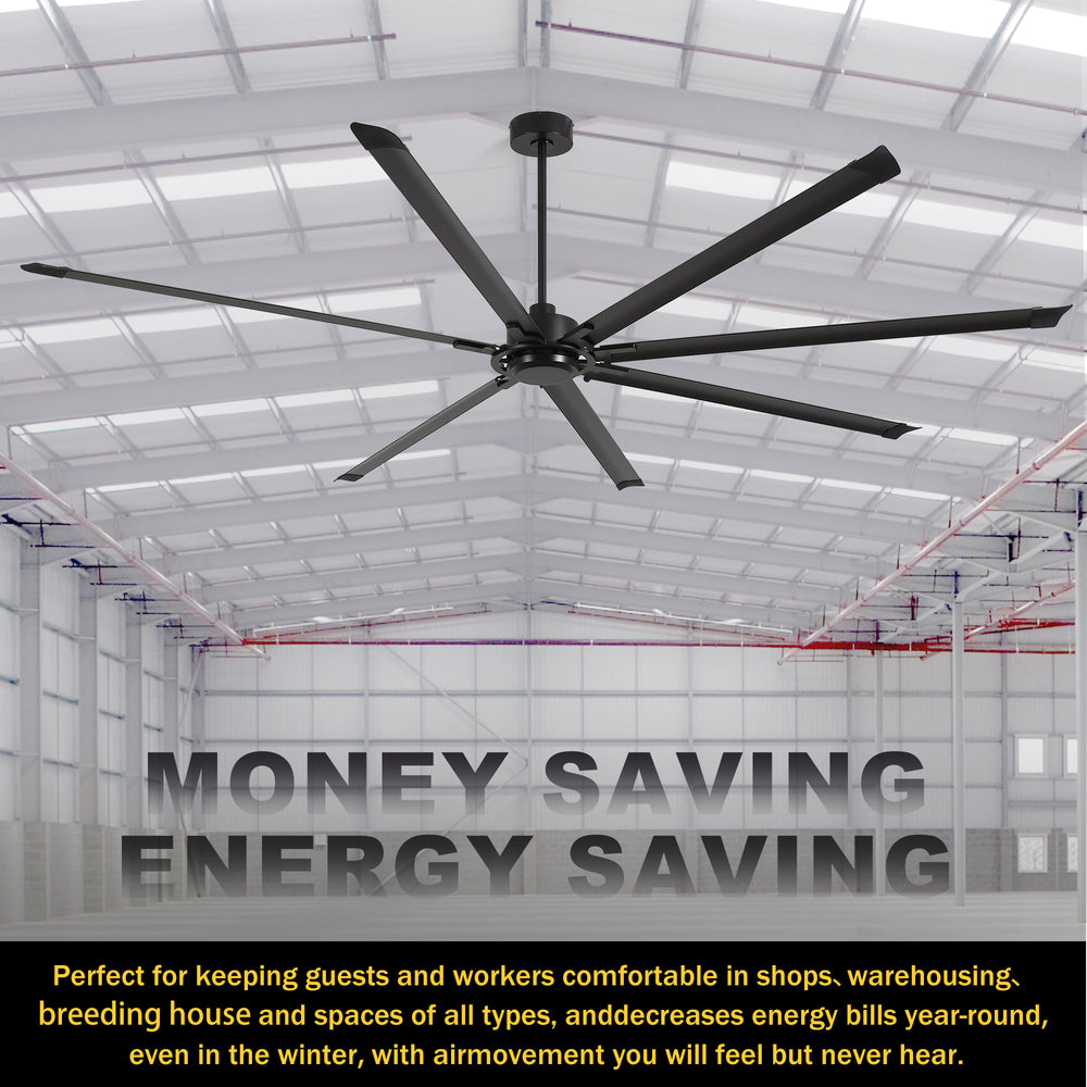 120 Inch Large Industrial Ceiling Fan with 8 Aluminum Blades No Light, Quiet Reversible DC Motor, 6 Speeds, Remote Control, Black, Warehouse Garage Commercial Ceiling Fan