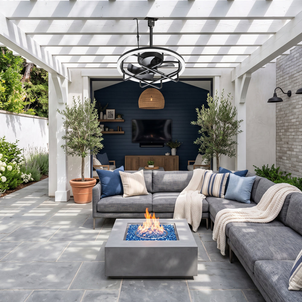 20" Outdoor Ceiling Fan with RGB LED Light, Modern Black Caged Design, Quiet Reversible DC Motor, 6 Speeds, Dimmable, Remote, Timer, Memory