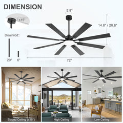 72in 8-Blade Integrated Ceiling Fan with LED Light and Remote,6in and 20in Downrod Included