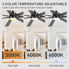 72" Modern LED Ceiling Fan with Remote, 7 Reversible Black/Dark Walnut Blades, Quiet DC Motor, 3-Color Light（3000K/4000K/600K）, 6-Speed Reversible Airflow, Includes 6"/12"/24" Downrods for Large Rooms