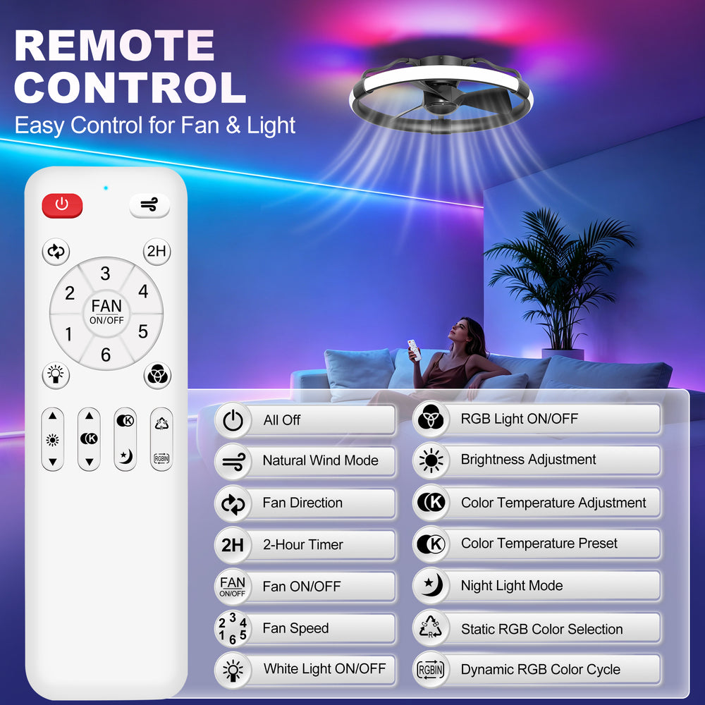 24 Inch Flush Mount RGB Ceiling Fan with Light, Dimmable 3CCT LED Light, 6-Speed Reversible DC Motor, Remote Control, Low Profile Enclosed Fan