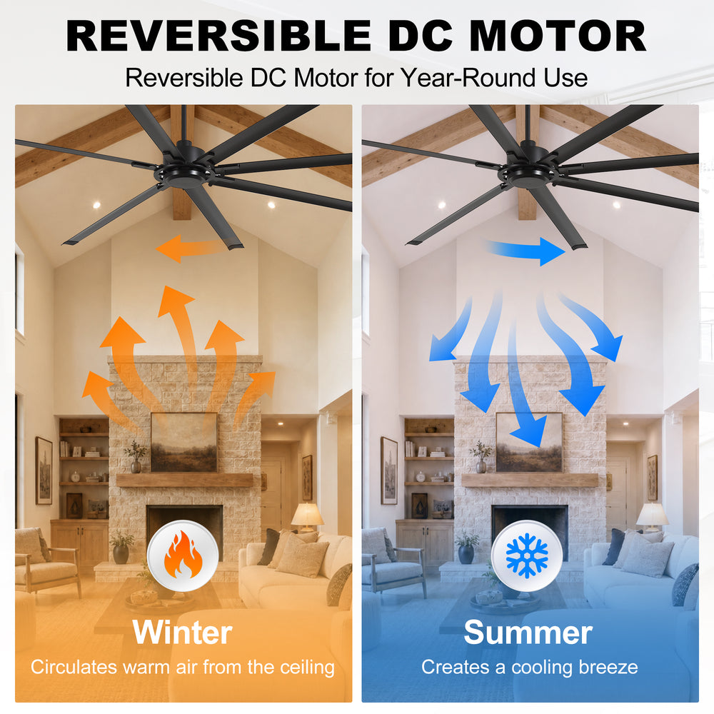 120 Inch Large Industrial Ceiling Fan with 8 Aluminum Blades No Light, Quiet Reversible DC Motor, 6 Speeds, Remote Control, Black, Warehouse Garage Commercial Ceiling Fan