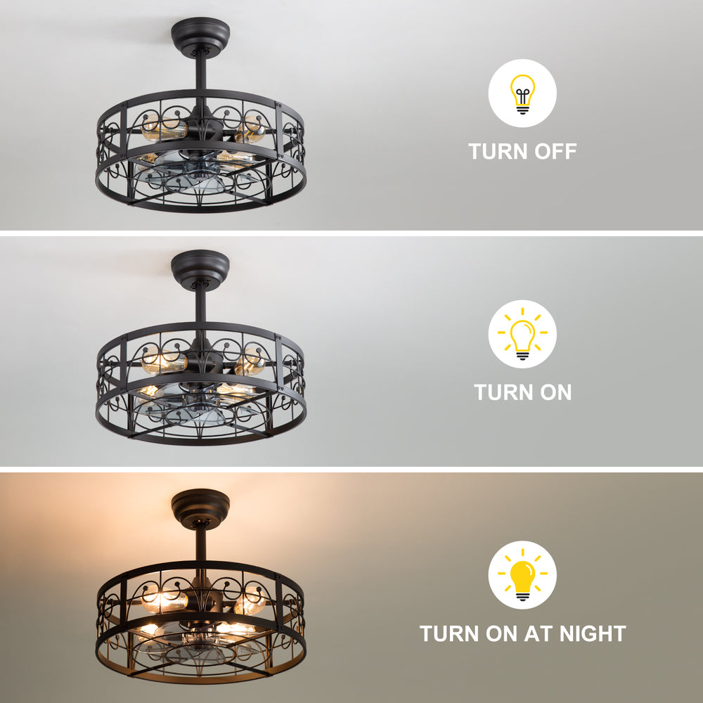 20-inch Matte Black Metal Caged Ceiling Fan with Light and Remote,7 ABS Blades,4in and 8in Downrod Included