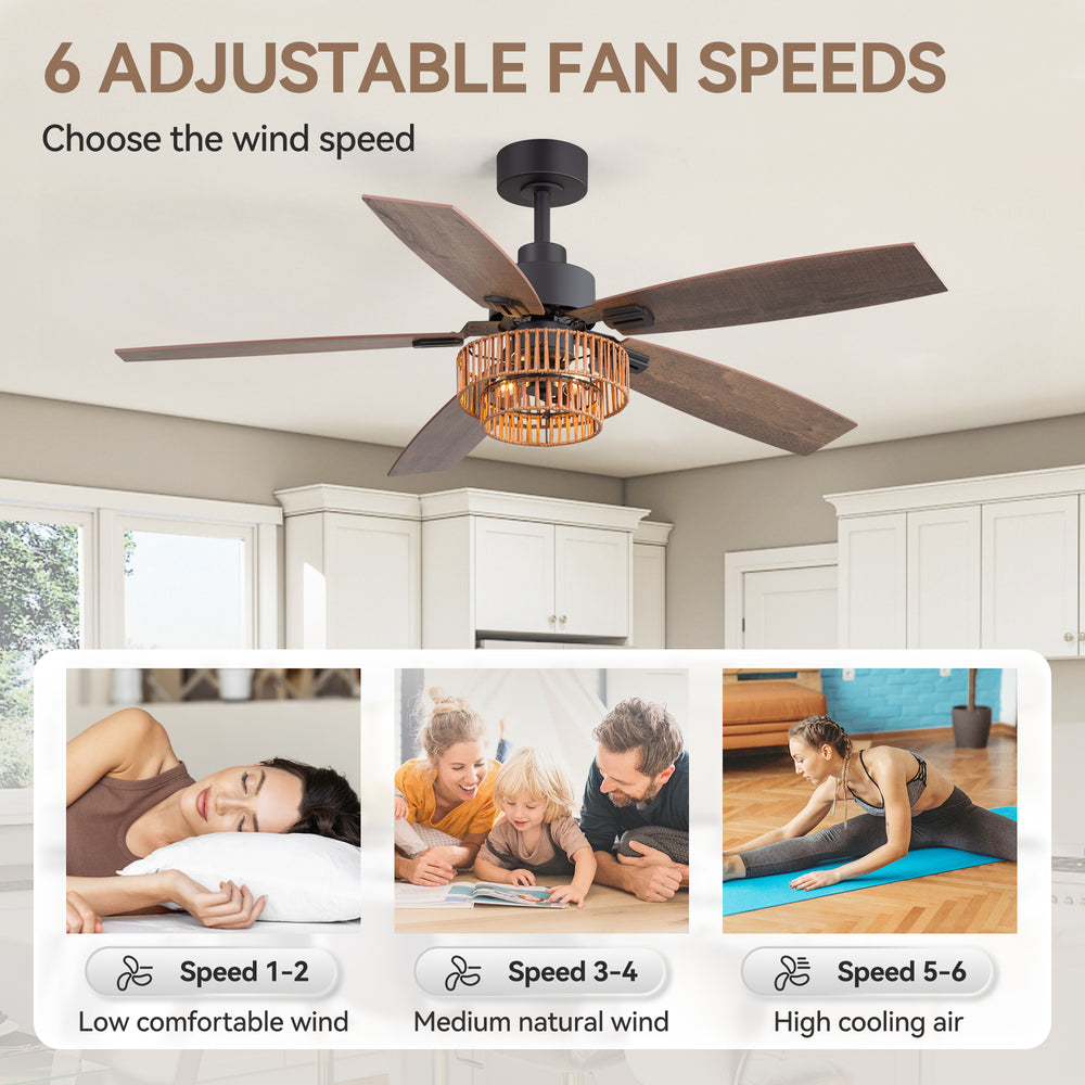 52-inch Farmhouse Ceiling Fan with Light, 5 Dual-Finish Reversible Plywood Blades, Quiet Energy-Saving DC Motor, E12 Bulb Base, 6-Speed Remote Control with Timer, Forward/Reverse Rotation, and 6" Downrod Included