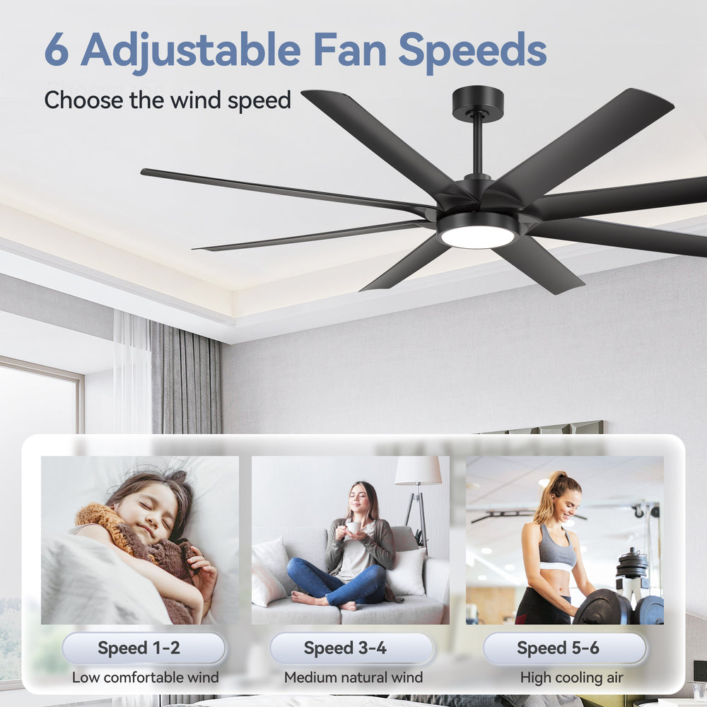 Breezary 72" 8-Blade Silent DC Motor Industrial Ceiling Fan with Integrated LED Light - Black