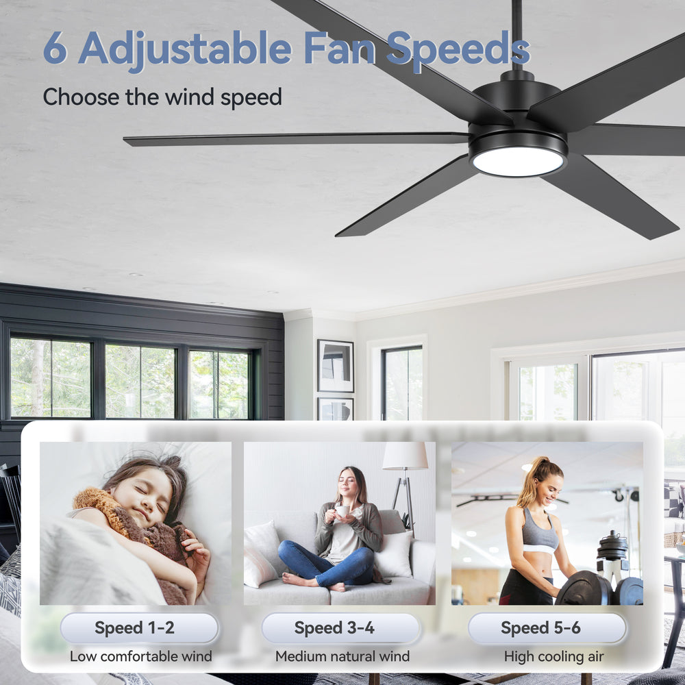 72-in 6-Blade  Integrated LED Ceiling Fan with Light Remote,7" and 12" Downrod Included