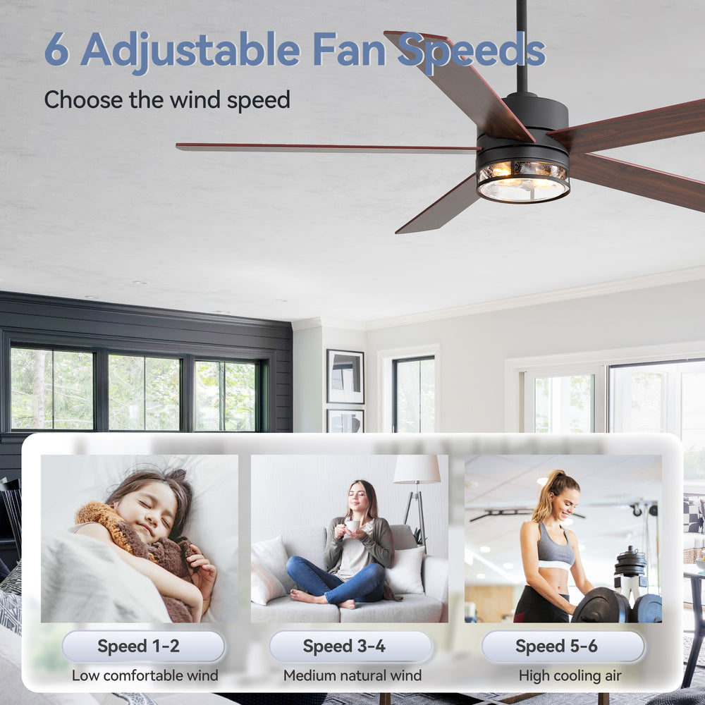 Farmhouse 65-inch Ceiling Fan with Light and Remote, Matte Black Finish, 5 Reversible Blades(Dark Wood Grain & Light Wood Grain), 6-Speed Quiet DC Motor, Dual Downrods (7" & 15"), Glass Lampshade, 2 × E26 Base LED Bulbs Required