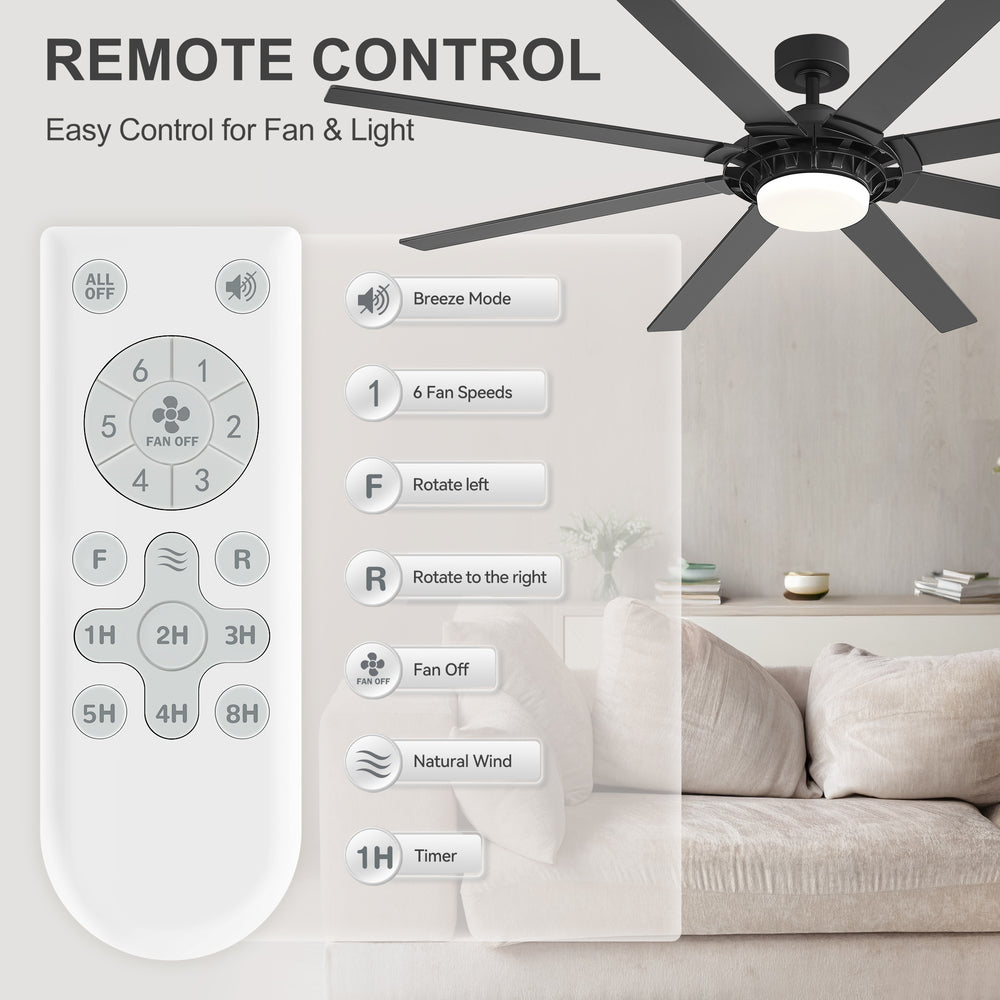 72-Inch 8-Blade Black Ceiling Fan with Light & Remote