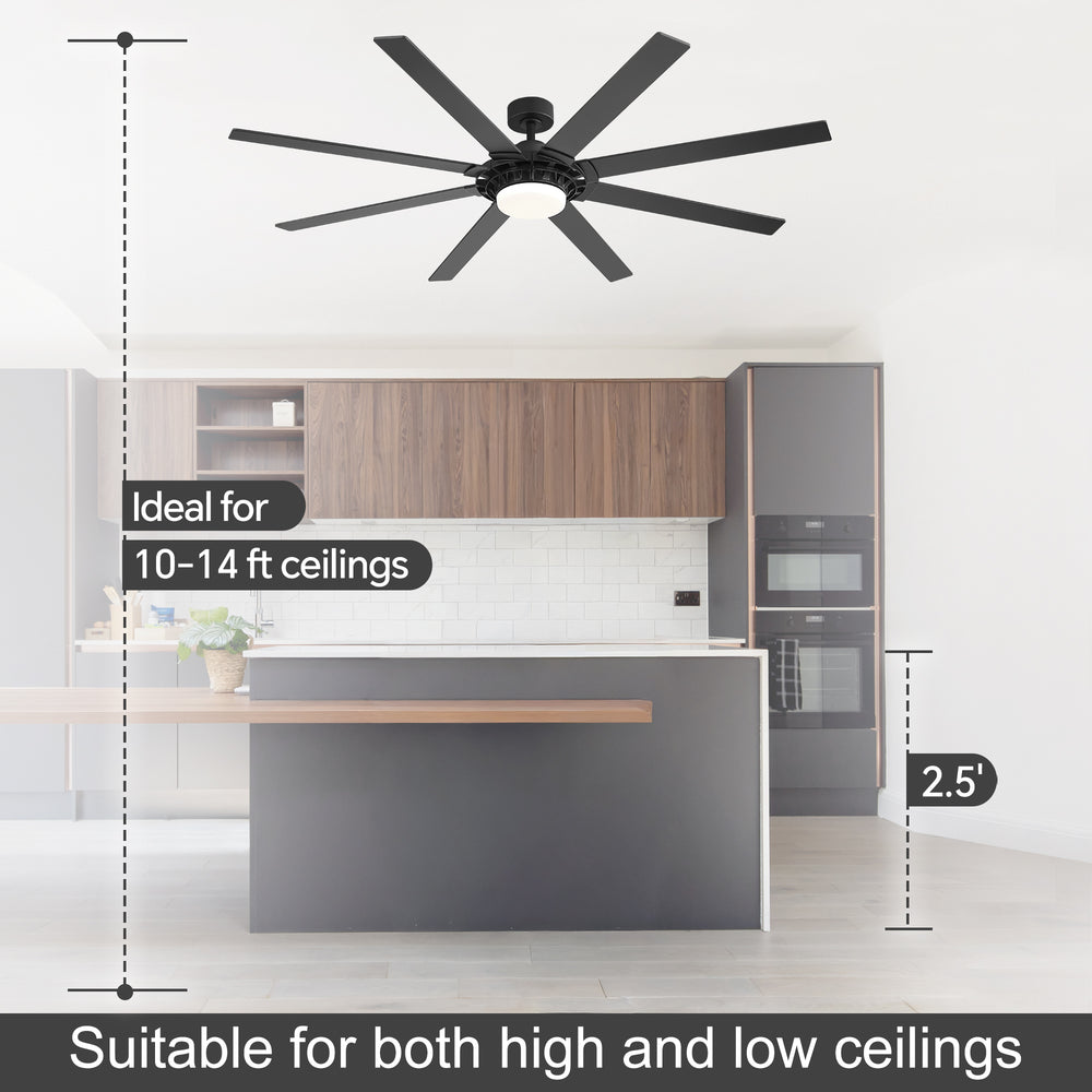 72-Inch 8-Blade Black Ceiling Fan with Light & Remote