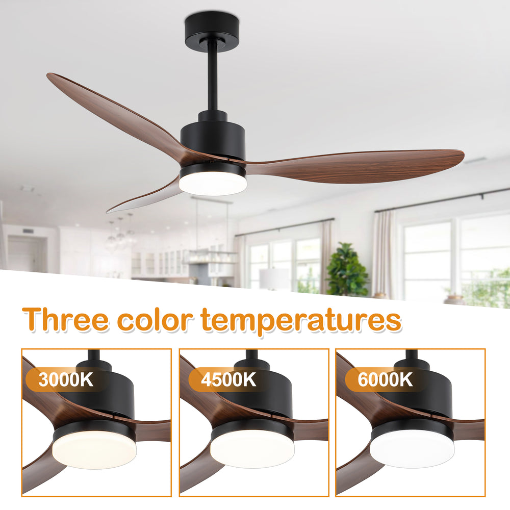 52-Inch Modern Ceiling Fan with Light, 3 ABS Blades, 18W LED with 3 Color Temperatures, Remote Control with 6 Speeds, Reverse Function, Timer, Quiet DC Motor, Includes 5" & 10" Downrods, Ideal for Dining, Bedroom, and Living Room