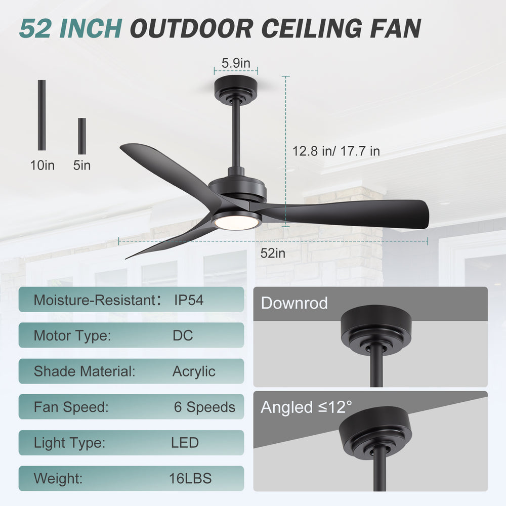 52-in 3-Blade Waterproof Outdoor Ceiling Fan with Dimmable LED Light Remote,5" and 10" Downrod Included