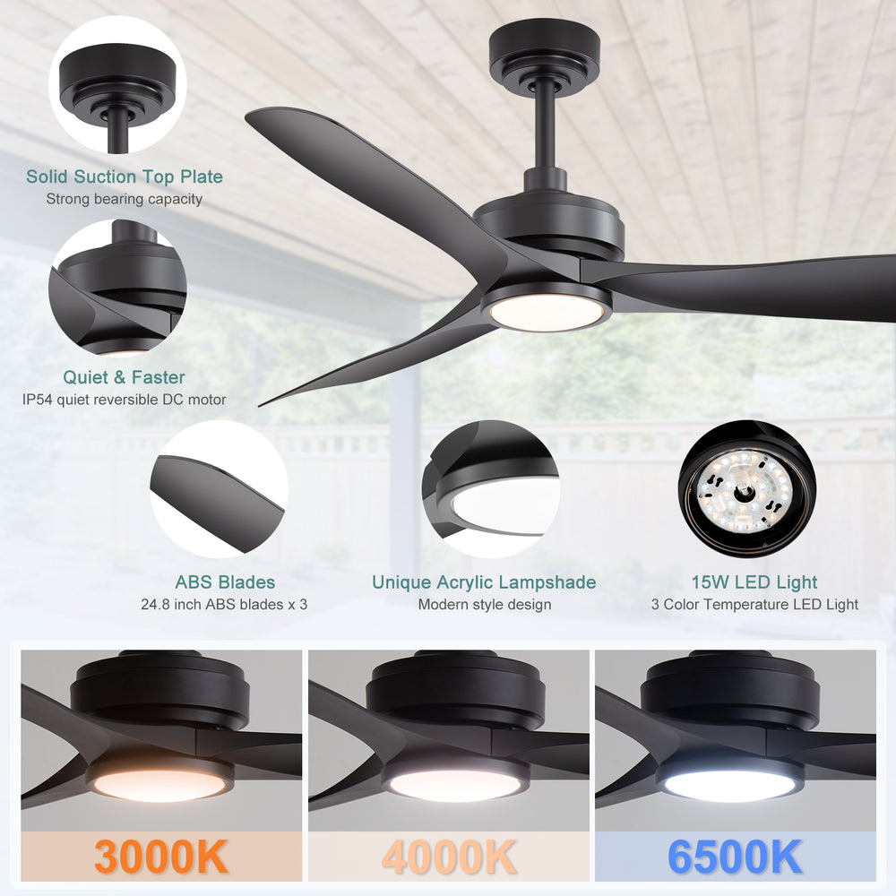 52-in 3-Blade Waterproof Outdoor Ceiling Fan with Dimmable LED Light Remote,5" and 10" Downrod Included