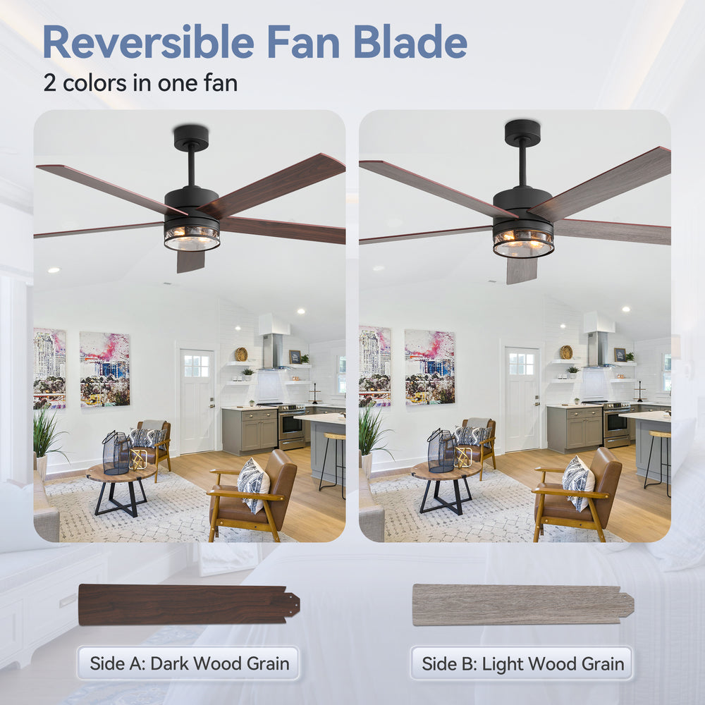 Farmhouse 65-inch Ceiling Fan with Light and Remote, Matte Black Finish, 5 Reversible Blades(Dark Wood Grain & Light Wood Grain), 6-Speed Quiet DC Motor, Dual Downrods (7" & 15"), Glass Lampshade, 2 × E26 Base LED Bulbs Required