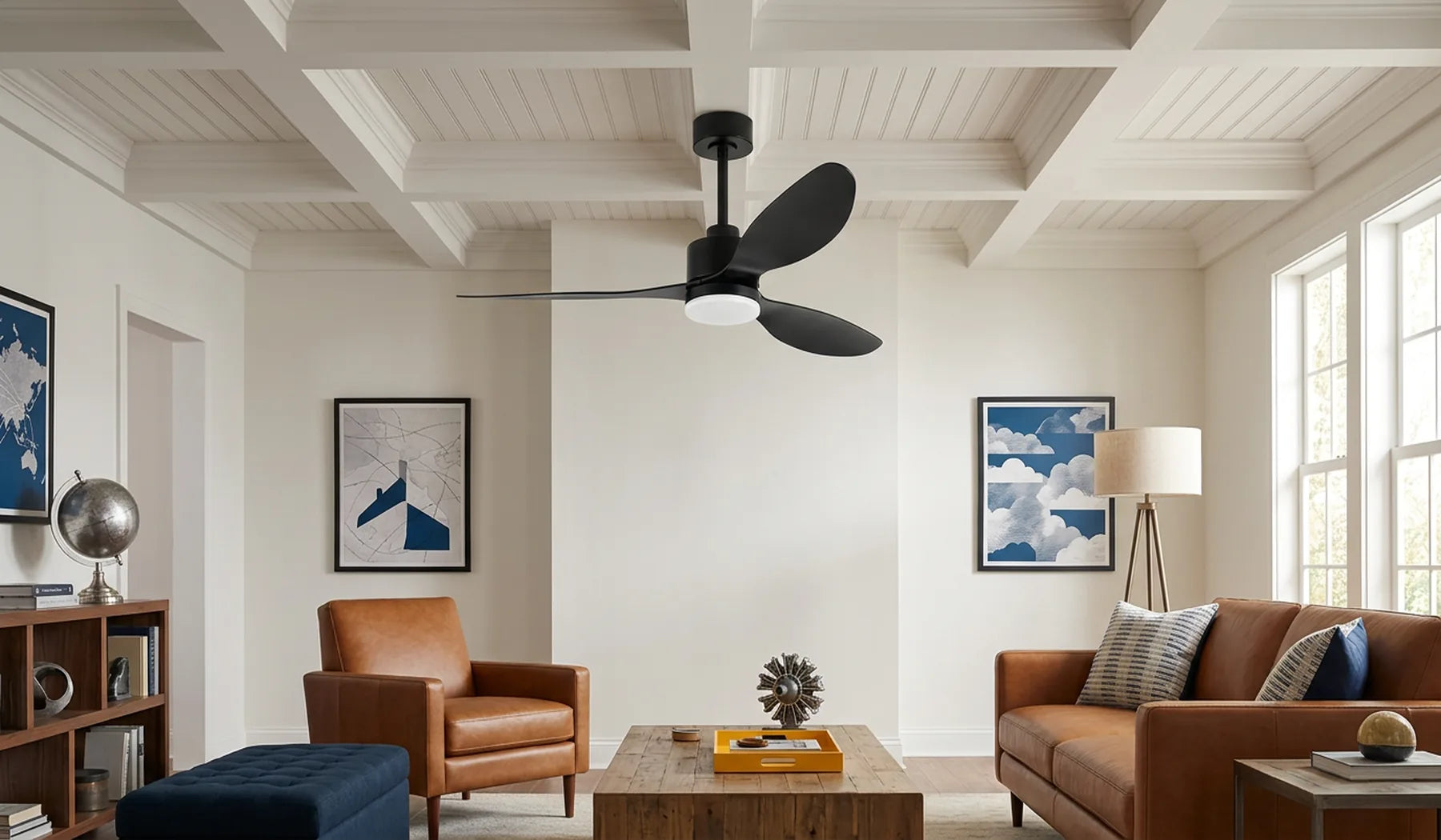 Breezary three-blade propeller ceiling fan with light in an aviation-inspired residential interior