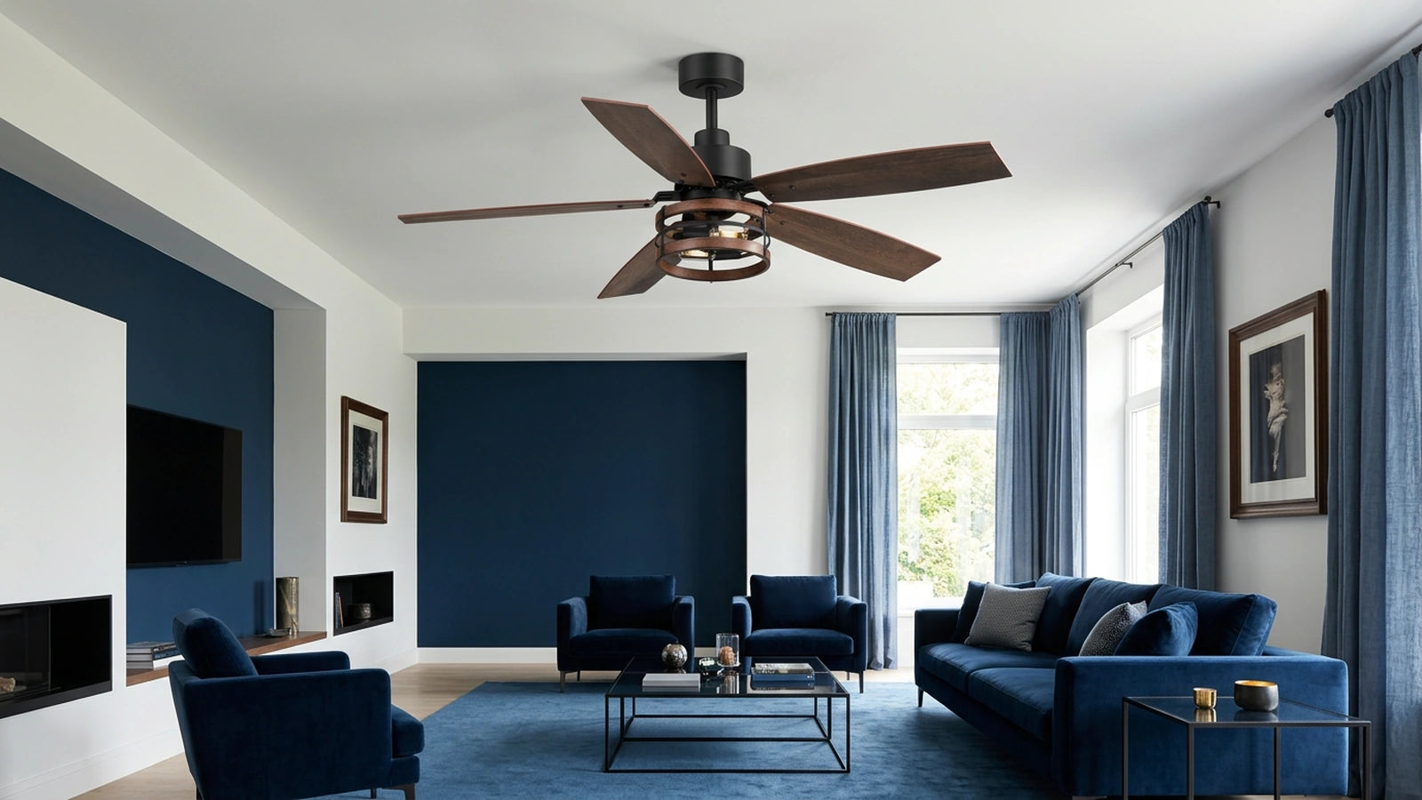 Breezary 29018-BK large caged ceiling fan presented for size lighting and installation comparison