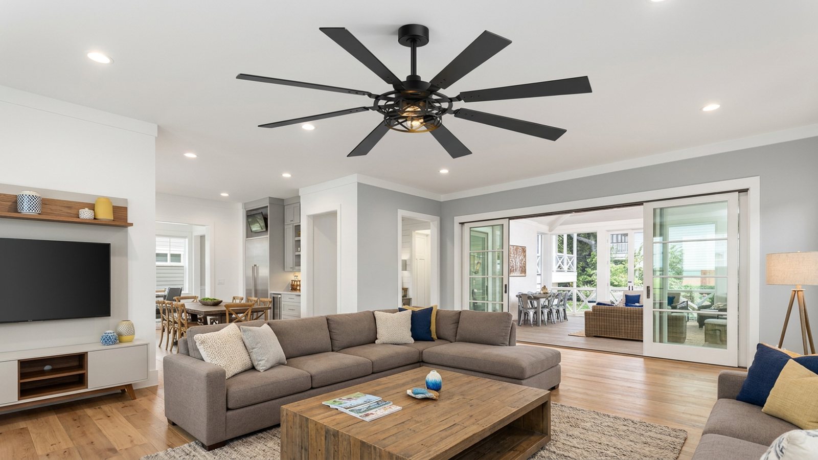 Large living room ceiling fan selected for room size airflow lighting and style