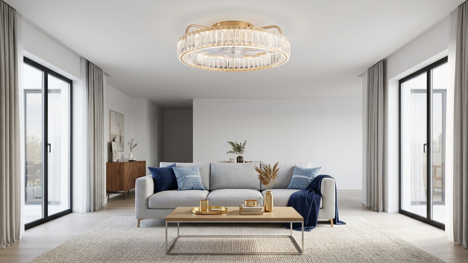 Breezary 33001-GD enclosed ceiling fan installed above a defined living room seating area
