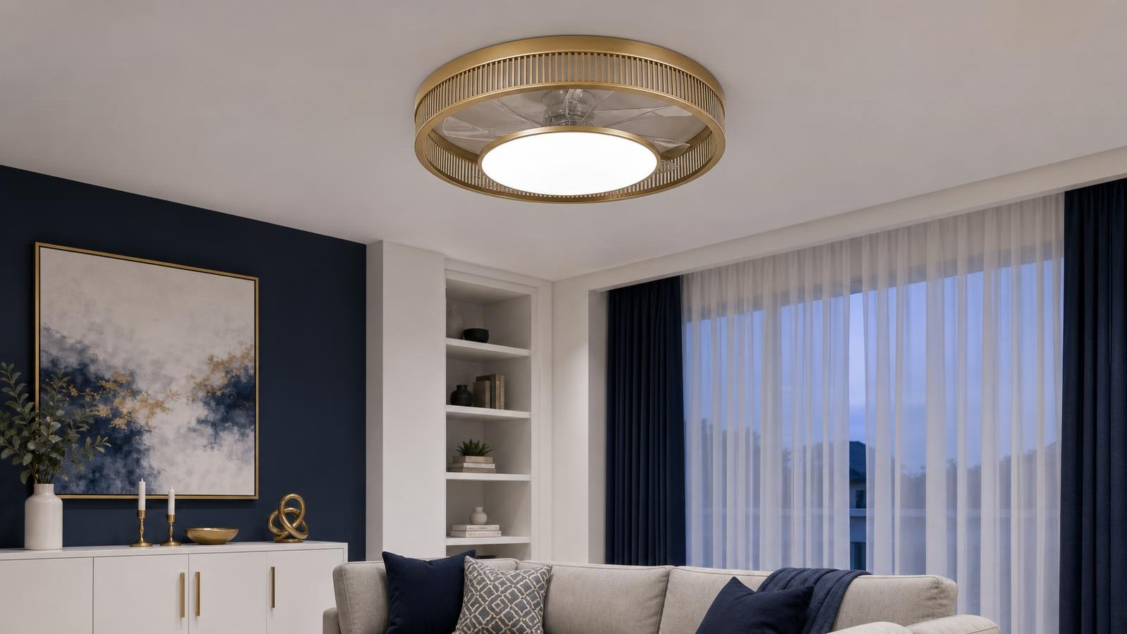 Breezary 33001-GD enclosed ceiling fan with integrated light in a modern indoor room