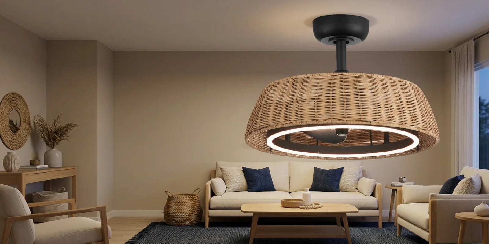 Boho rattan ceiling fan with integrated dimmable LED light in a warm modern interior