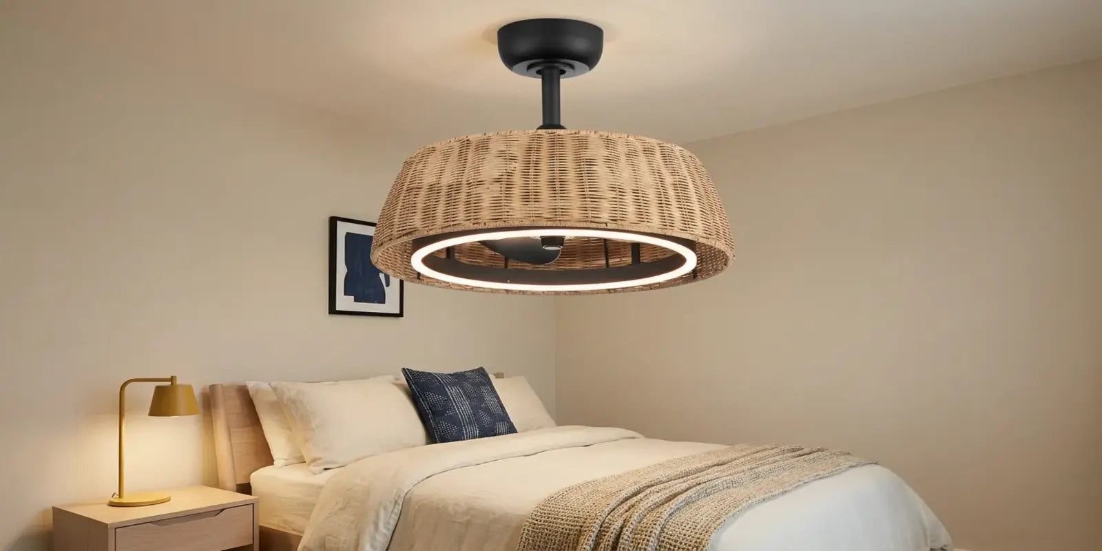 Compact boho fandelier ceiling fan with a woven dome enclosure and integrated circular LED light