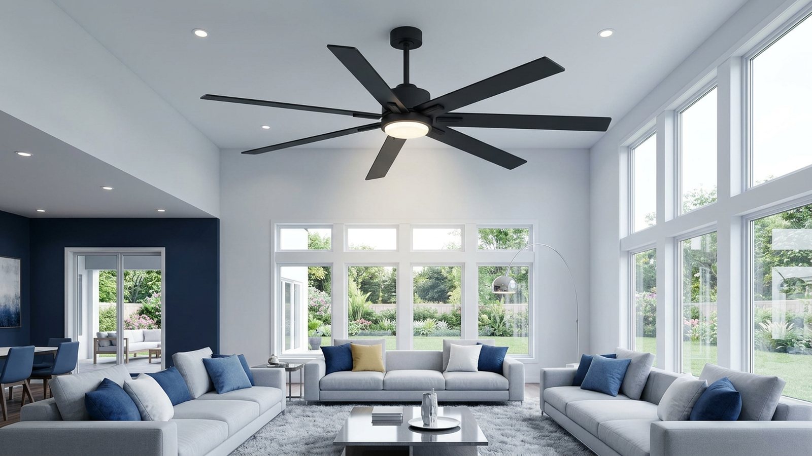 Breezary 42004 ceiling fan light illuminating a large high-ceiling living room