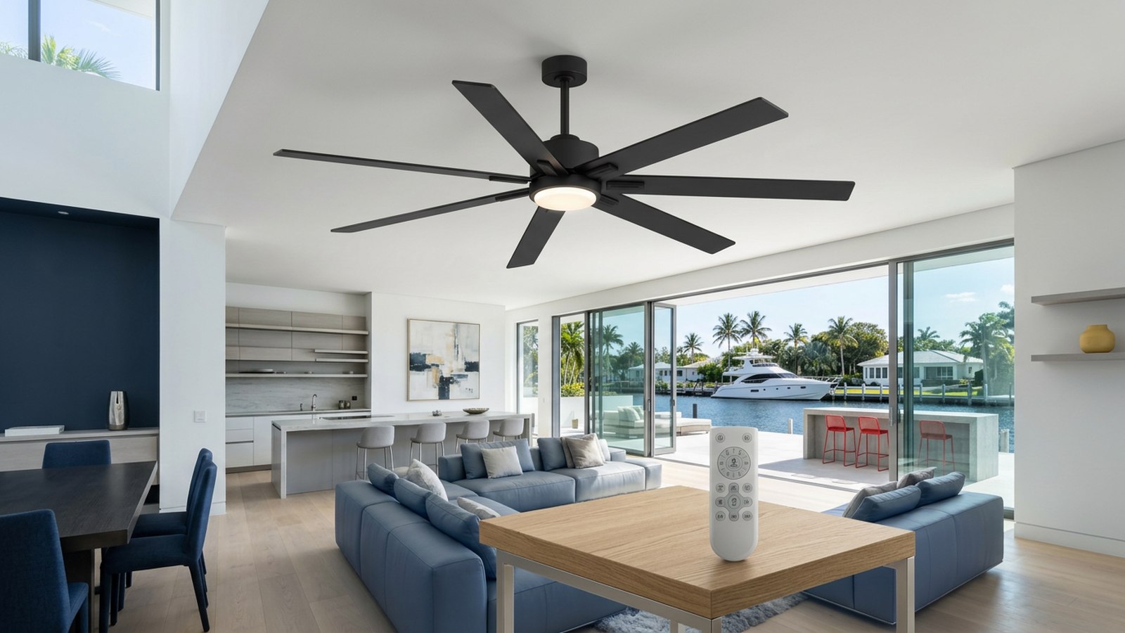 Breezary 42004 high-ceiling fan with light operated by its model-specific remote control