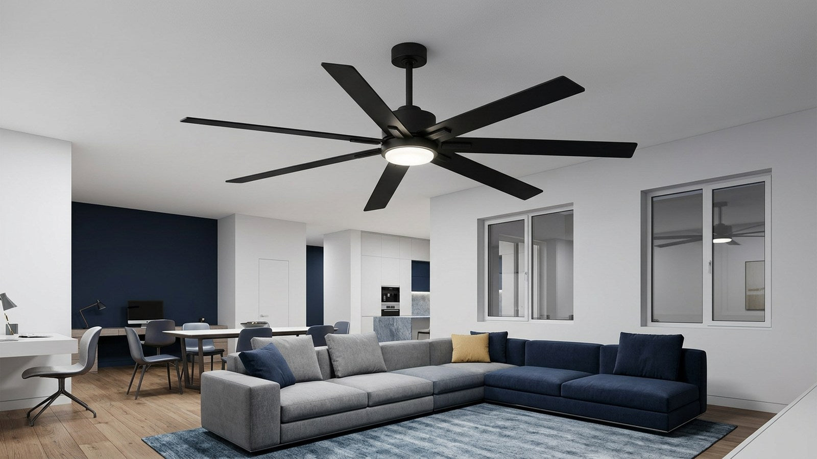 Breezary 42004 large ceiling fan with light above an open high-ceiling living area